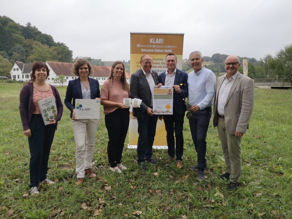 v.ln.r.: Biotopverbund-Managerin Anna Gasperl, KLAR!-Managerin Maria Eder, Bgm.in Andrea Pock, Bgm. Robert Hammer, Bgm. Manfred Reisenhofer, Bgm. Johann Winkelmaier, Bgm. Ferdinand Groß;